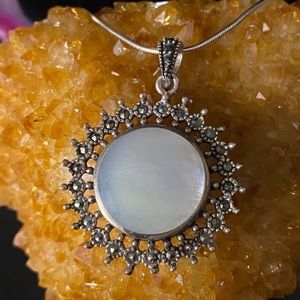 Vintage mother of pearl sterling marcasite pendant necklace